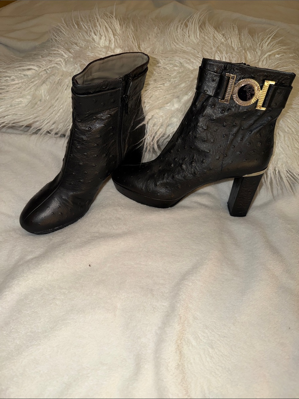 New Versace Collection Black Leather Ankle Boots with Gold Logo Accent